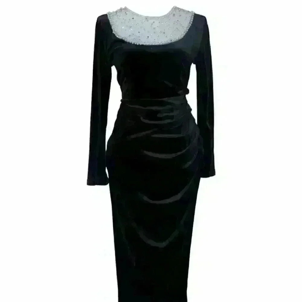 Pearl and stars glitter velvet‎ midi black Christmas/New Year's Party Dress